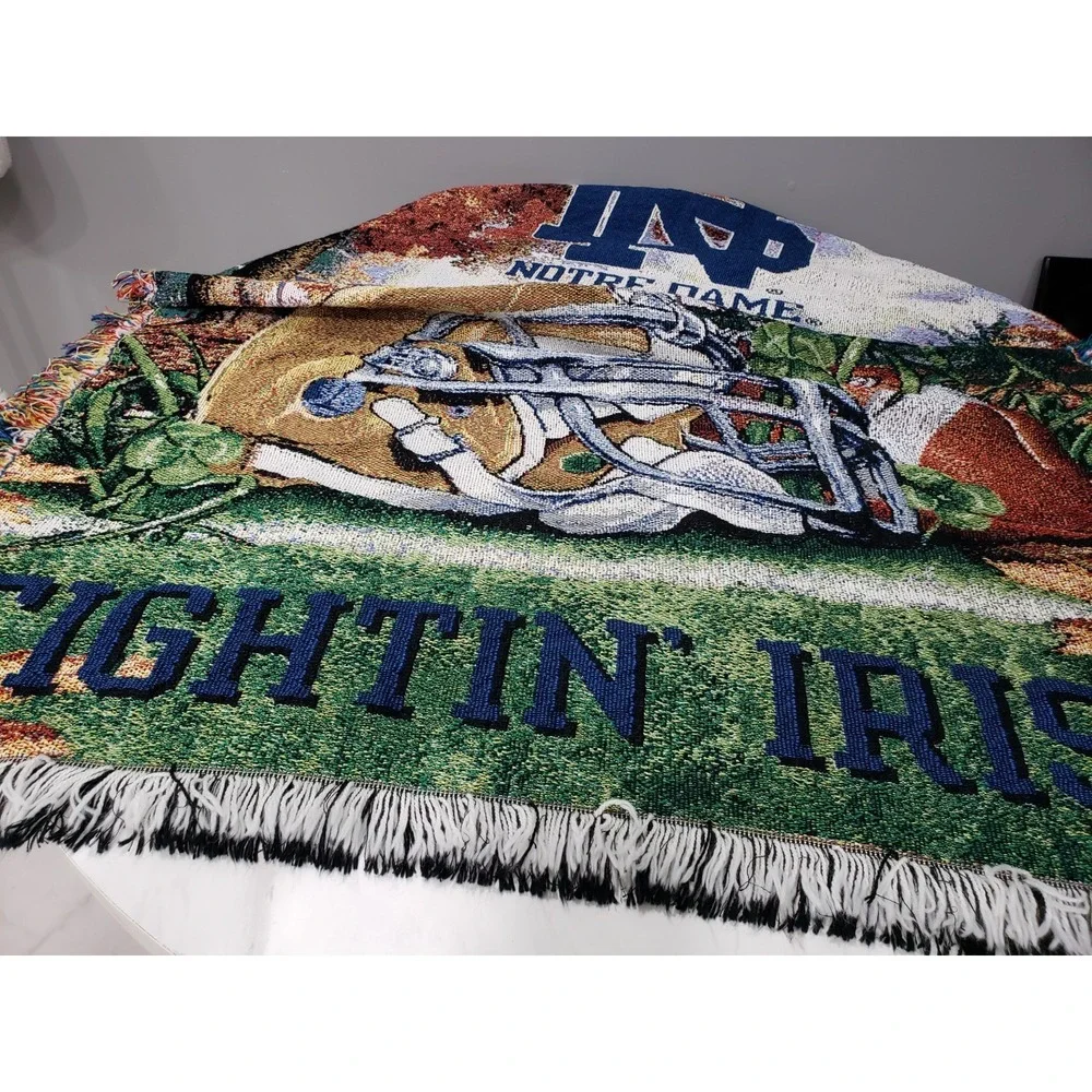 Vintage Notre Dame Fighting Irish Helmet Woven Tapestry Throw Blanket 48x60